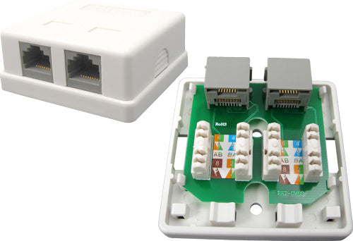 2-Port Surface Mount Box with CAT5E Jack, Universal “Biscuit”