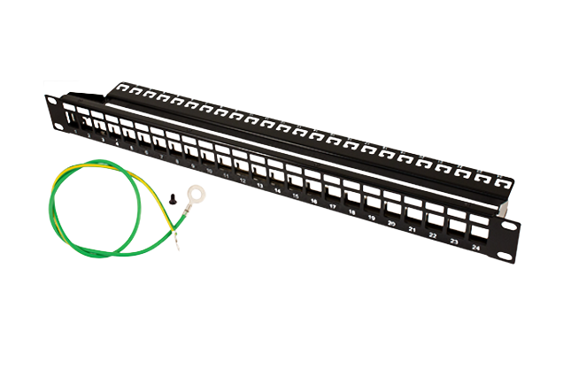 Blank Patch Panel, 24 Port, Shielded, w/Ground and Cable Manager, Black (043-378/S/24/1U)