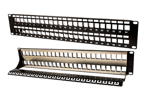 Blank Patch Panel, 48 Port, Shielded, w/Ground and Cable Manager, Black (043-379/S/48/2U)