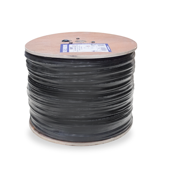 RG59 Siamese, 1000ft, Wooden Spool, Black, 20AWG Bare Copper Coaxial Cable with 95% Bare Copper Braid and 18AWG Stranded Power Cables, Siamese PVC Jacket for CCTV