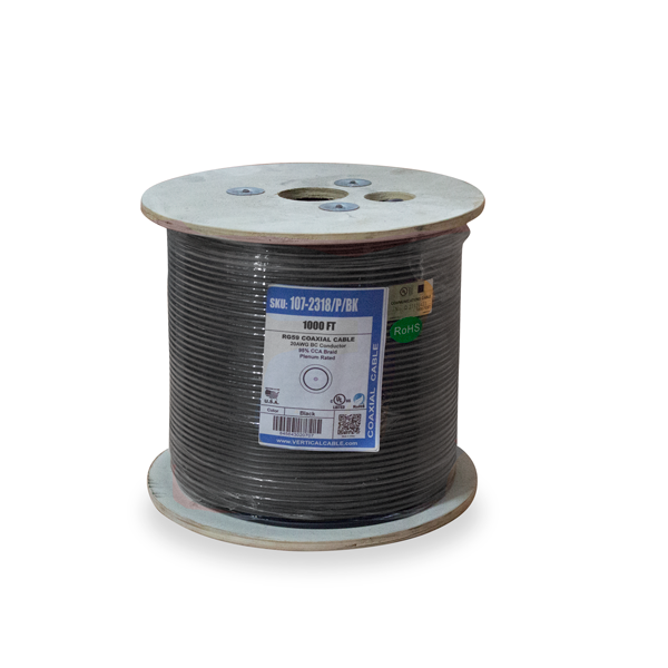 RG59, Plenum Bare Copper Coaxial Cable with 95% CCA Braid, Plenum Jacket, 1000ft, Reel, Black