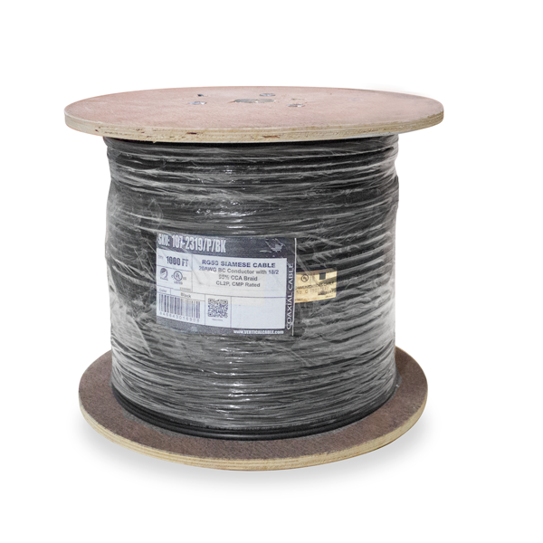 RG59 Siamese Coaxial Cable, Plenum, Bare Copper Conductor, 95% CCA Braid, with 18/2 power cable, White, 1000ft Spool