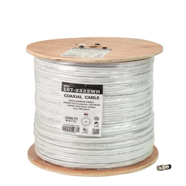 RG59 Siamese + 18AWG Power Cables, CCS Conductor, Shield: 85% CCA Braid, 20AWG, 1000ft, Spool (new packaging), White