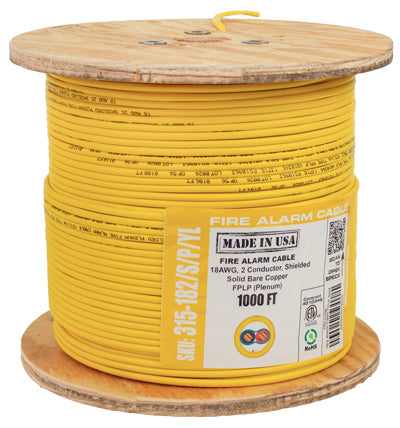 Fire Alarm Cable, 18/2, Solid, Shielded, FPLP (Plenum), 1000ft Spool, Yellow
