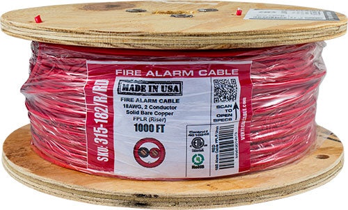 Fire Alarm Cable, 18/2, Solid, Unshielded, FPLR (Riser), 1000ft Spool, Red