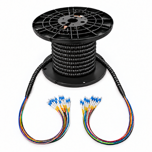 OS2 indoor/outdoor armored plenum fiber optic assembly on a reel with a black armored jacket and blue connectors