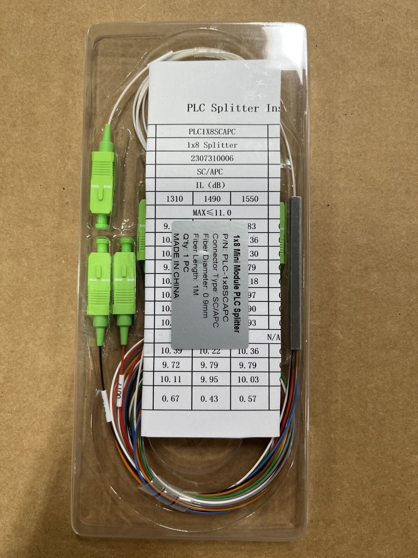 1 x 8 SM PLC Splitter, 900um Input & Output Legs, SCAPC Connectors - 1 Meter