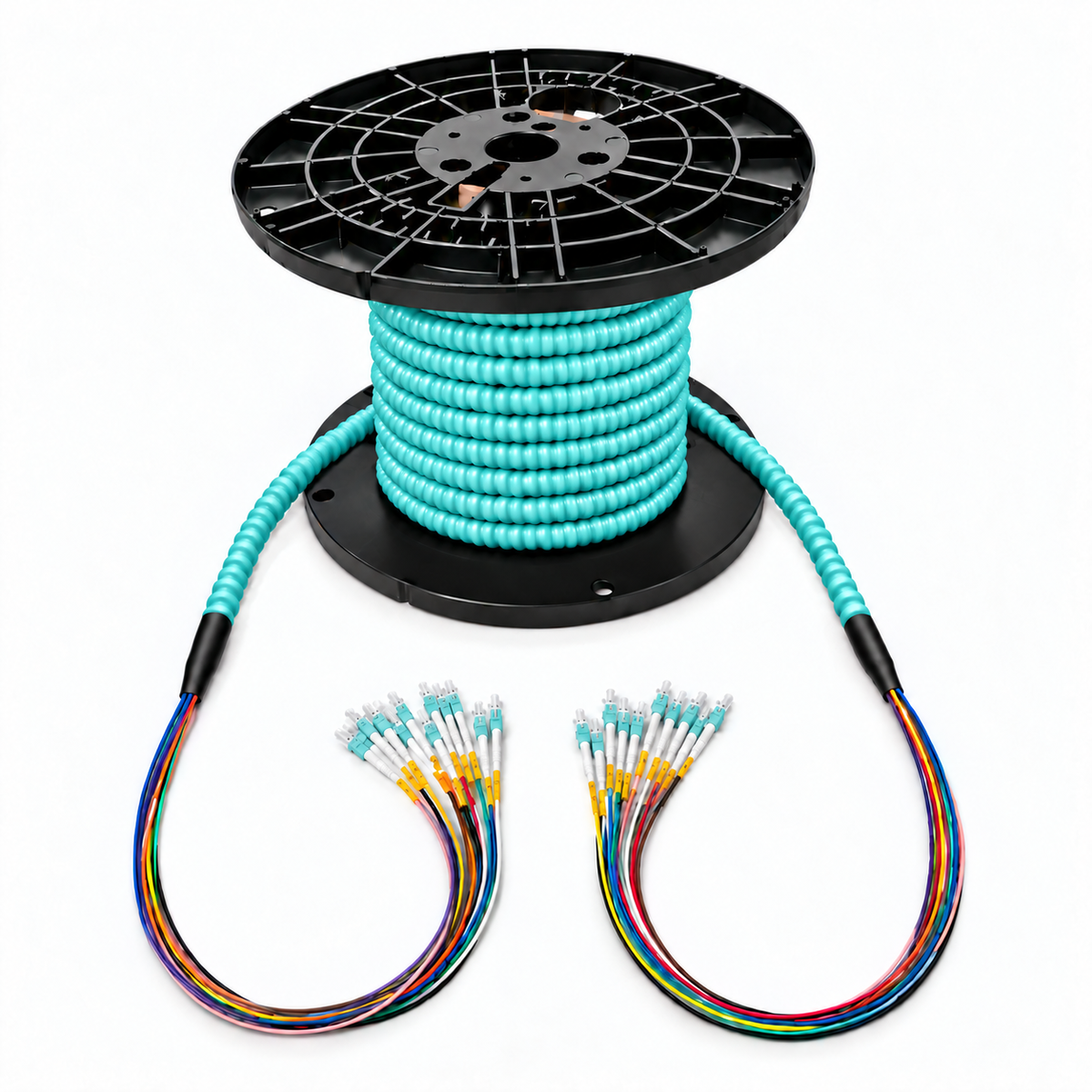 OM4 indoor armored plenum fiber optic cable assembly on a reel with an aqua armored jacket and aqua connectors