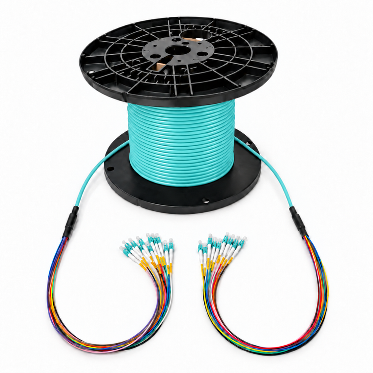 OM4 indoor plenum fiber optic cable assembly on a reel with an aqua jacket and aqua connectors