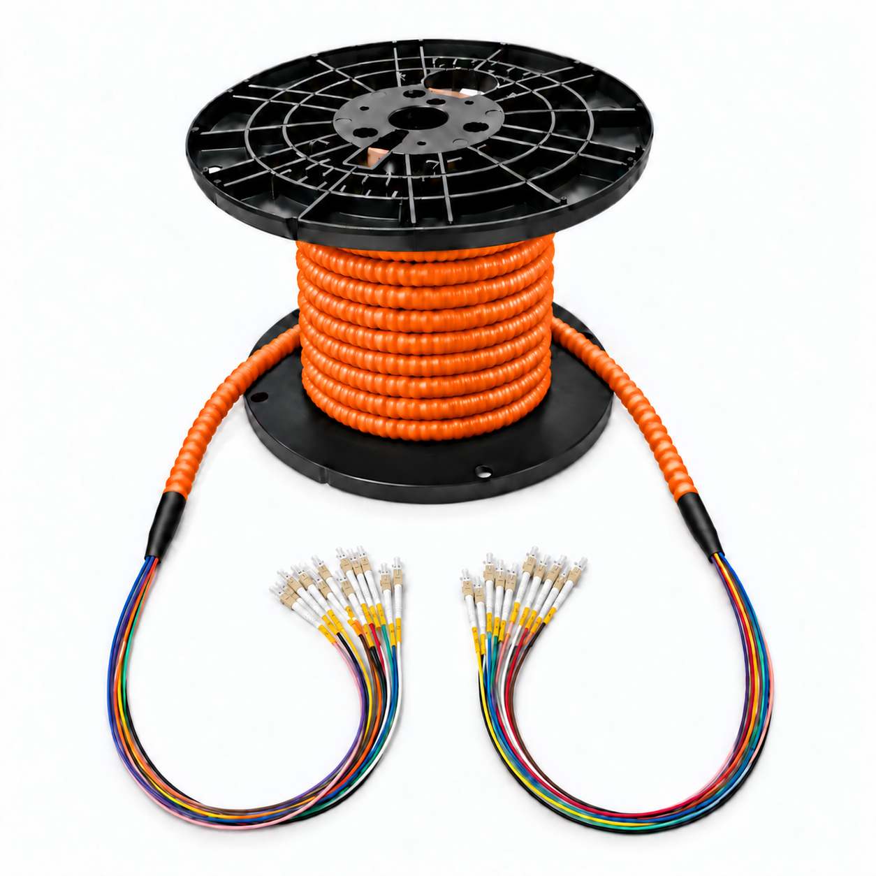 OM1 indoor armored plenum fiber optic cable assembly on a reel with an orange armored jacket and beige connectors