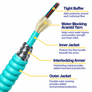 Aqua armored cable cutaway showing fibers, aramid yarn, inner jacket, interlocking armor and outer jacket