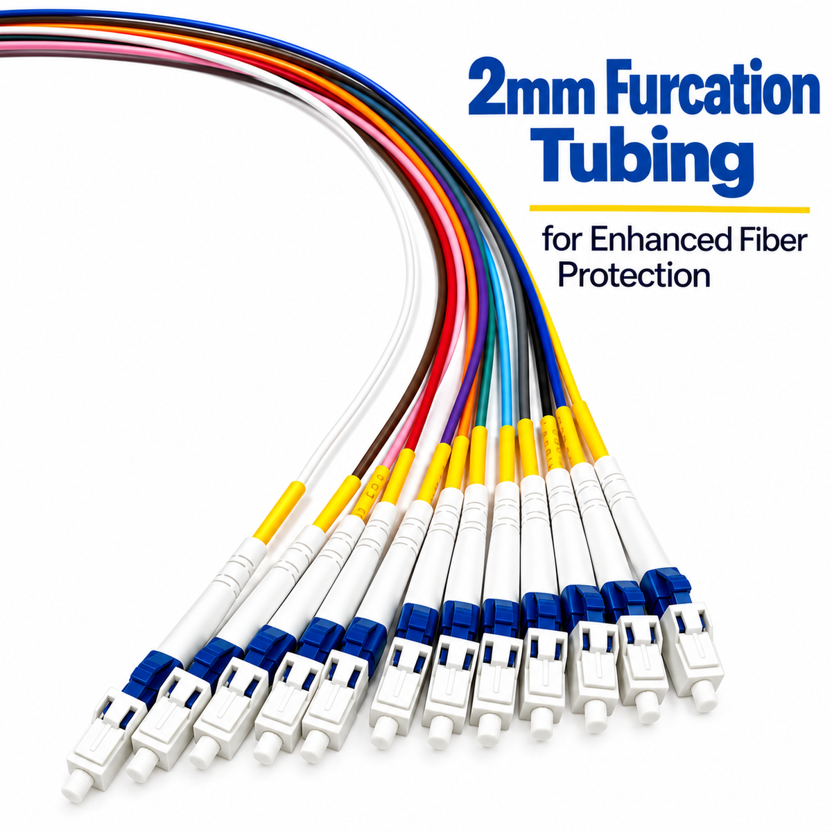 Blue fiber optic connectors with 2 mm color-coded furcation tubing