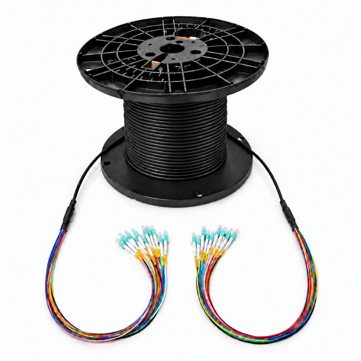 Indoor/outdoor pre-terminated fiber optic cable assembly on a black reel