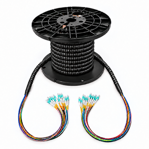 OM3 indoor/outdoor armored plenum fiber optic assembly on a reel with a black armored jacket and aqua connectors