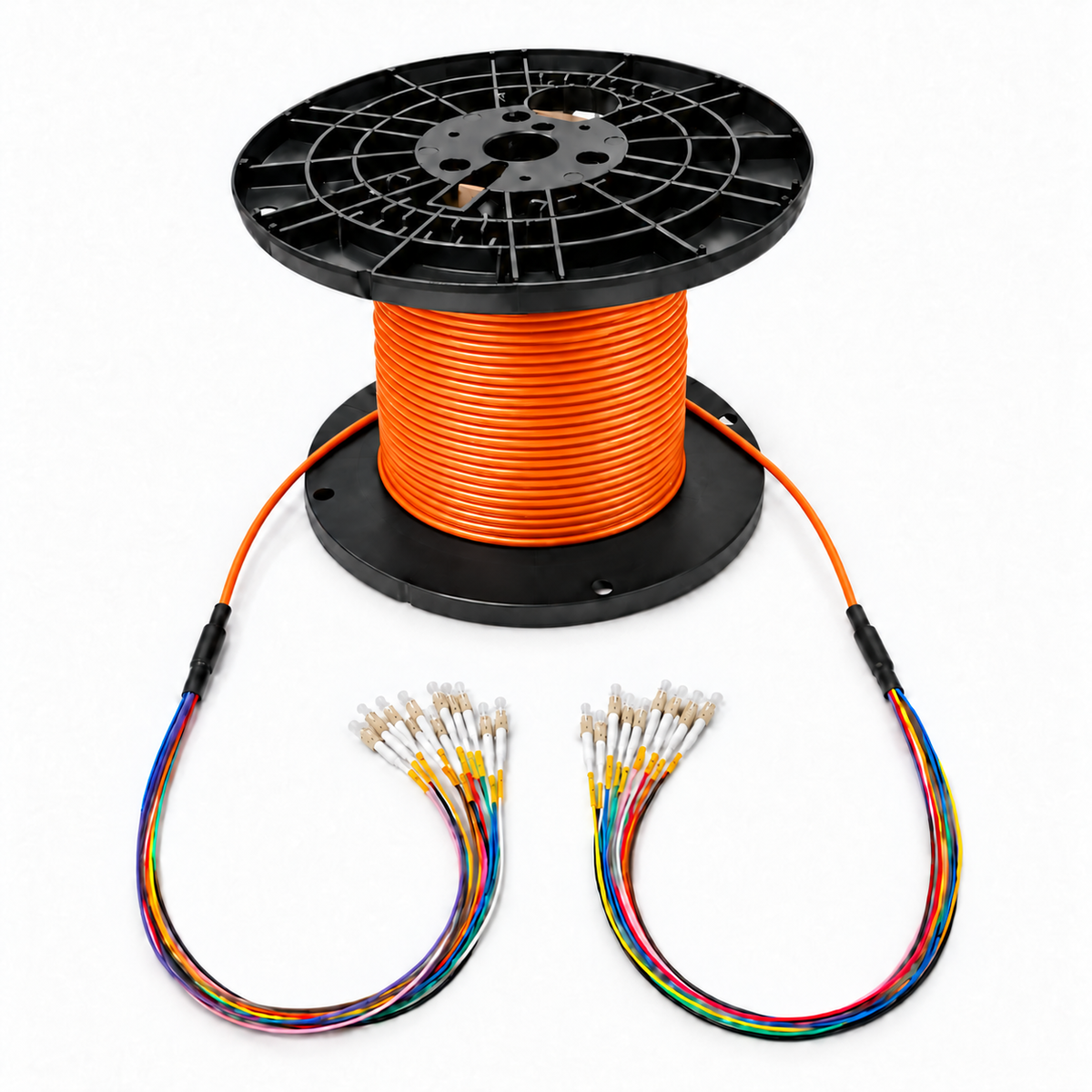 OM1 indoor plenum fiber optic cable assembly on a reel with an orange jacket and beige connectors