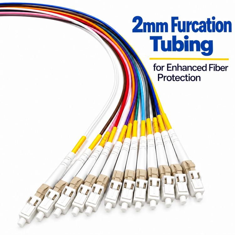Beige fiber optic connectors with 2 mm color-coded furcation tubing
