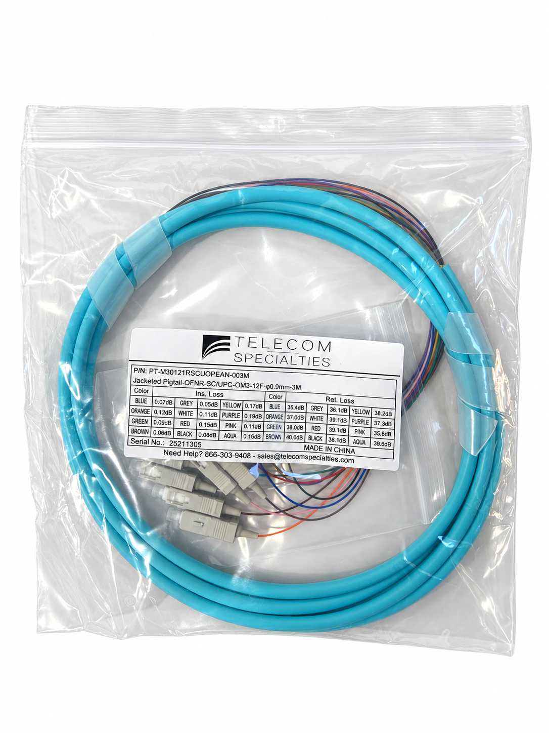 SC 50/125 OM3 Multimode Tight Buffered Pigtails with Distribution, 3 Meter