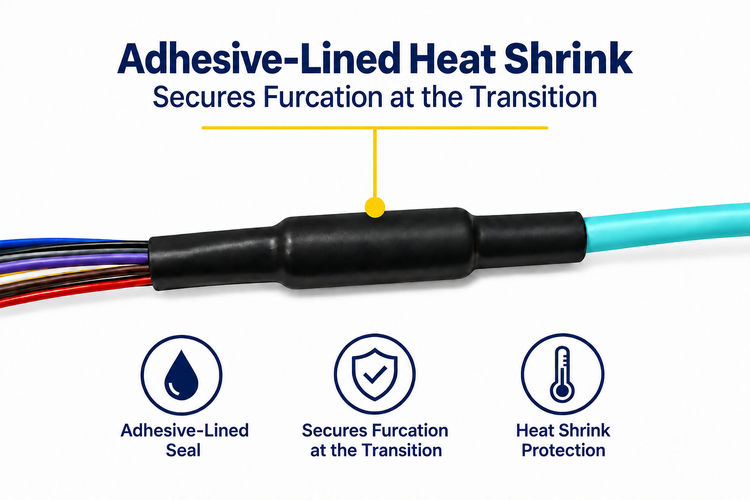 Aqua cable jacket and adhesive-lined heat shrink at the furcation transition