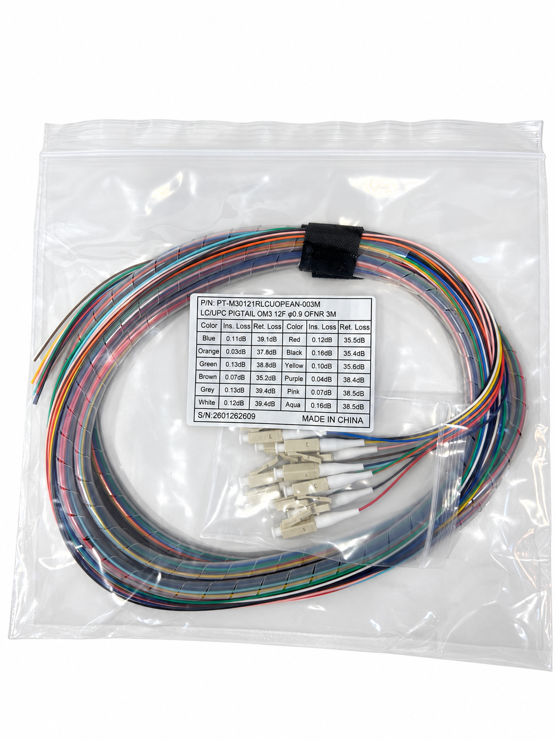 LC 3 Meter 12 Fiber 62.5/125 OM1 Multimode Tight Buffered Pigtails with No Jacket