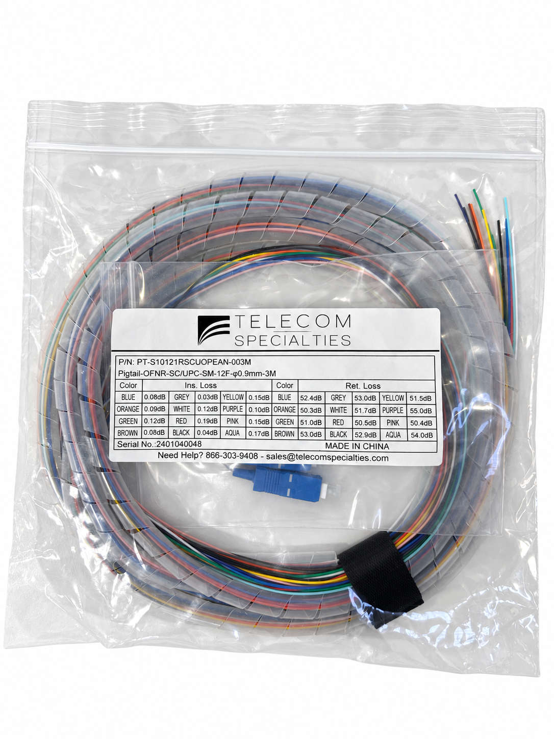 SC 3 Meter 12 Fiber Singlemode Tight Buffered Pigtails with No Jacket