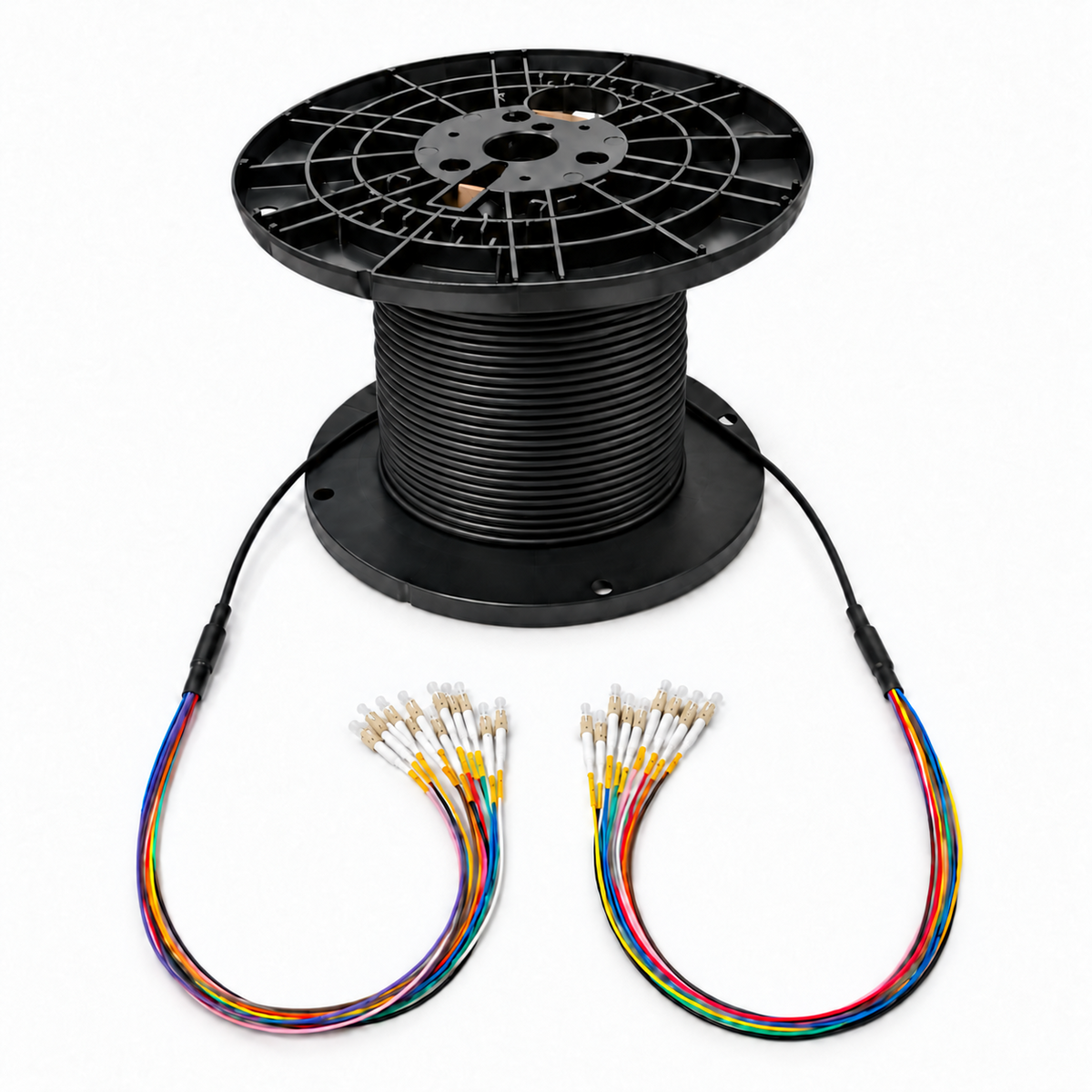 Indoor/outdoor pre-terminated fiber optic cable assembly on a black reel