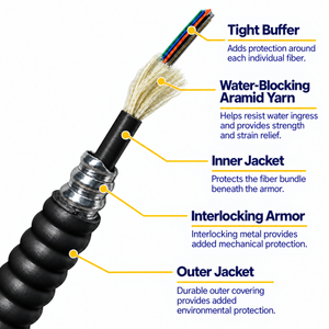Black armored cable cutaway showing fibers, aramid yarn, inner jacket, interlocking armor and outer jacket