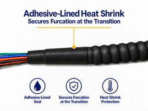 Black armored cable jacket and adhesive-lined heat shrink at the furcation transition