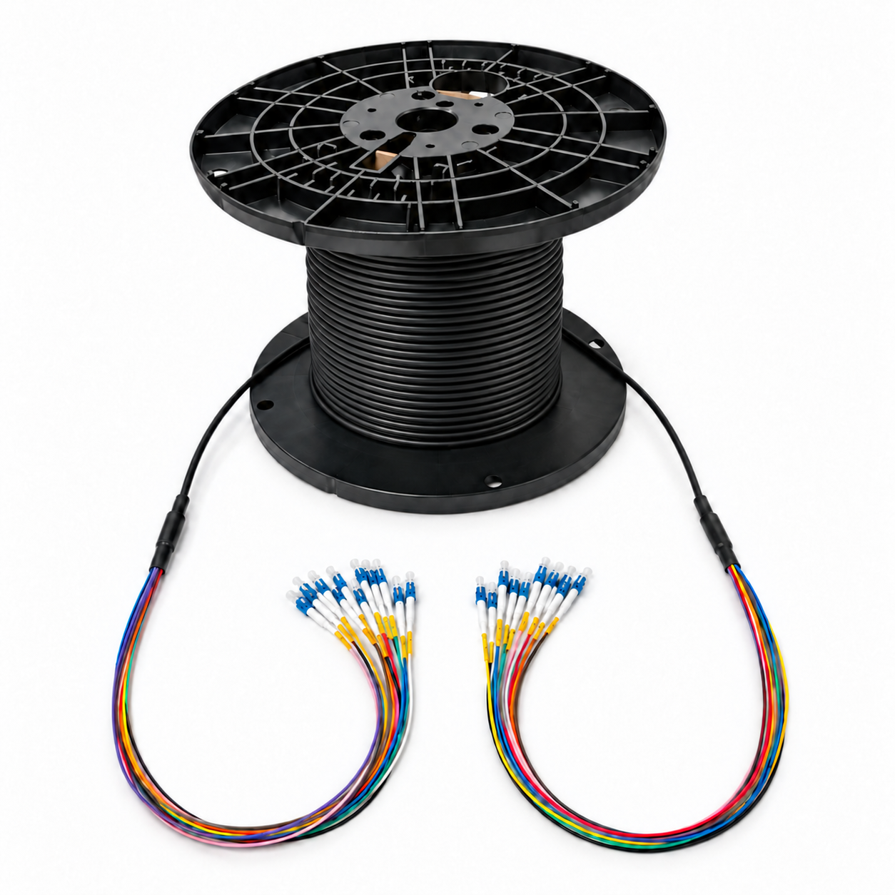 Indoor/outdoor pre-terminated fiber optic cable assembly on a black reel
