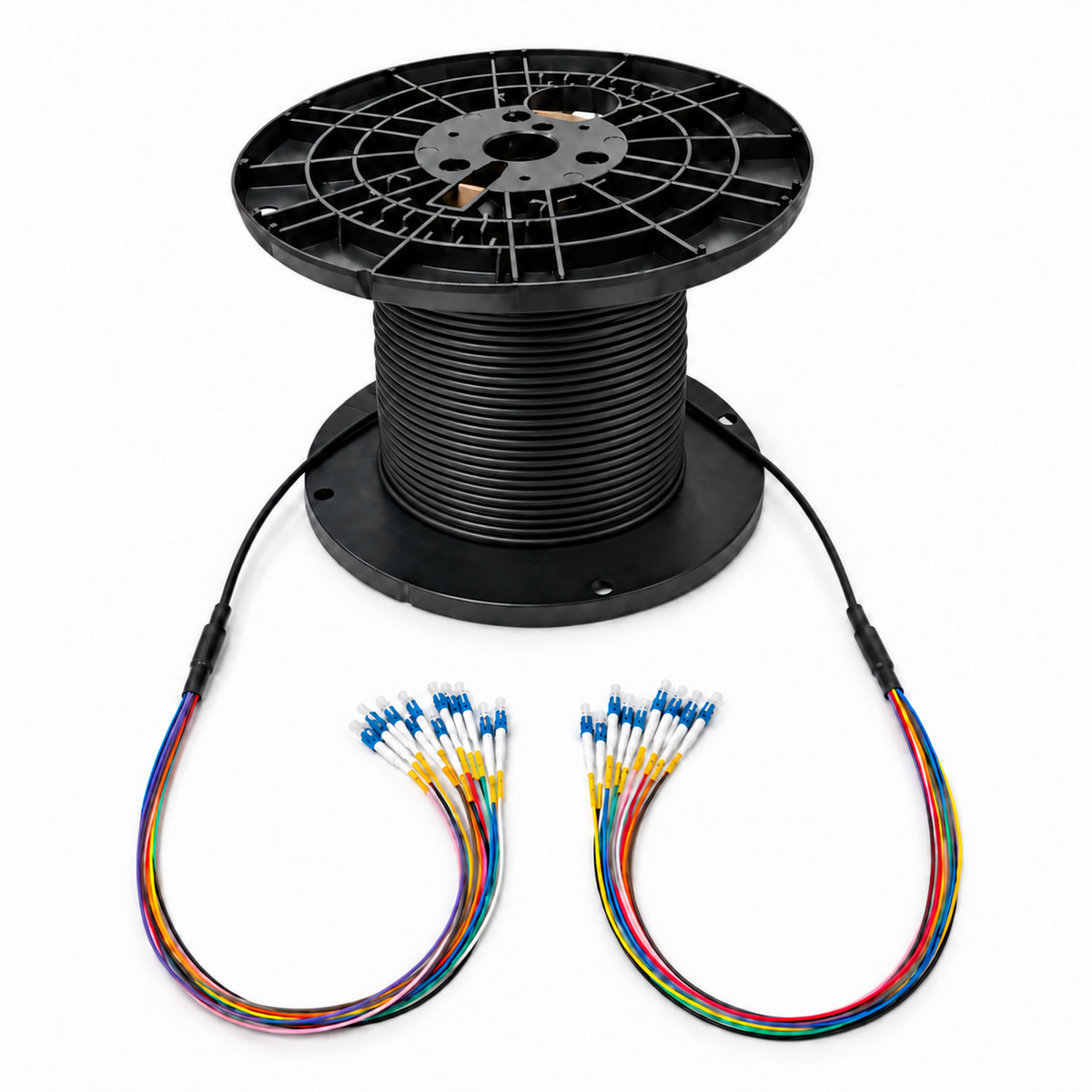 Indoor/outdoor pre-terminated fiber optic cable assembly on a black reel