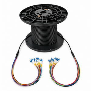 Indoor/outdoor pre-terminated fiber optic cable assembly on a black reel