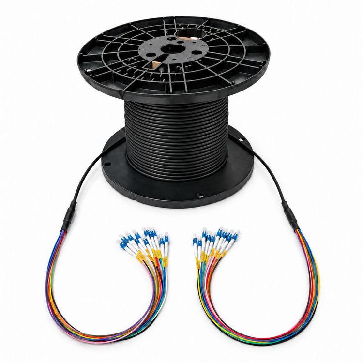 Indoor/outdoor pre-terminated fiber optic cable assembly on a black reel