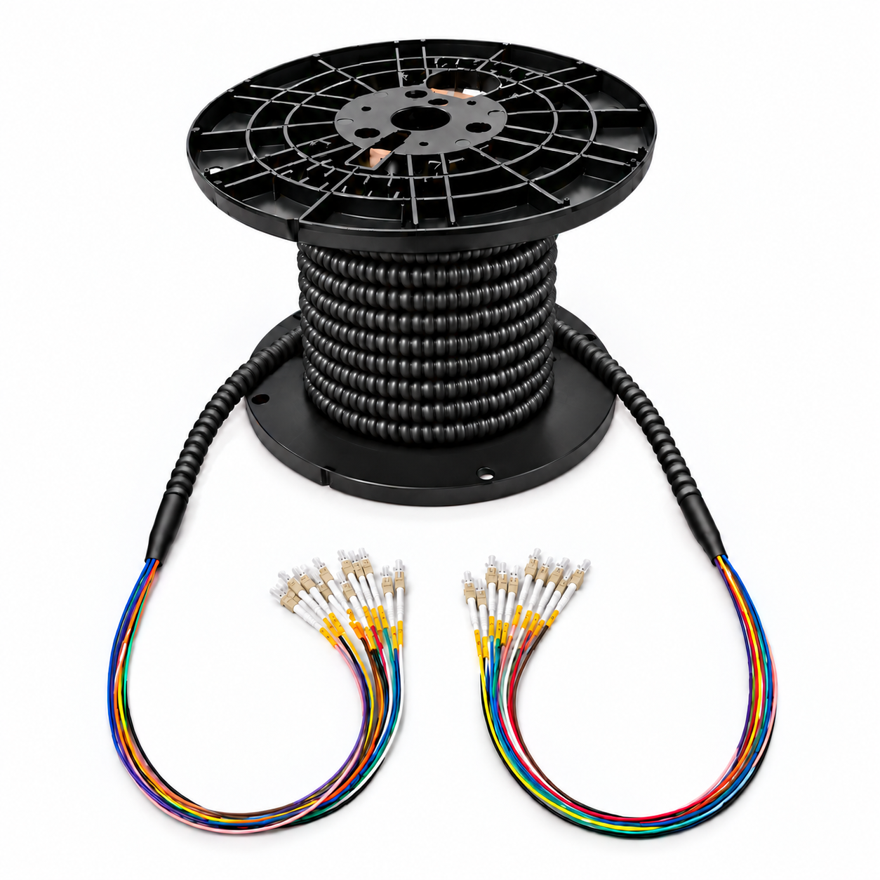 OM1 indoor/outdoor armored plenum fiber optic assembly on a reel with a black armored jacket and beige connectors