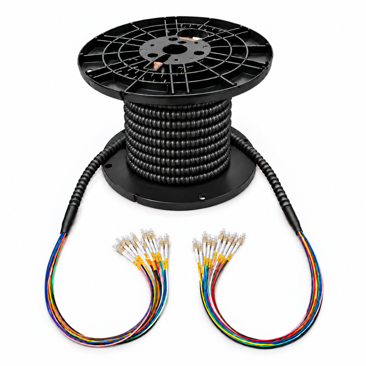 OM1 indoor/outdoor armored plenum fiber optic assembly on a reel with a black armored jacket and beige connectors
