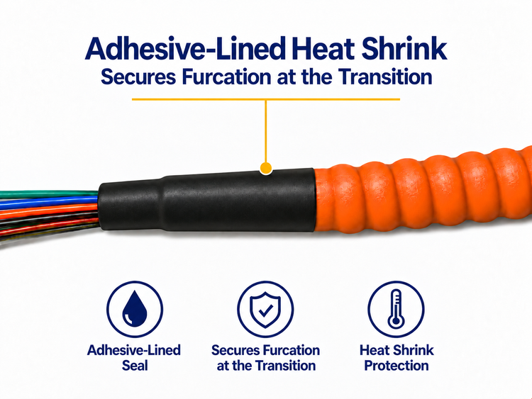 Orange armored cable jacket and adhesive-lined heat shrink at the furcation transition