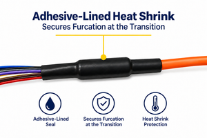Adhesive-lined heat shrink securing furcation at the orange cable jacket transition