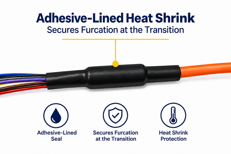 Adhesive-lined heat shrink securing furcation at the orange cable jacket transition