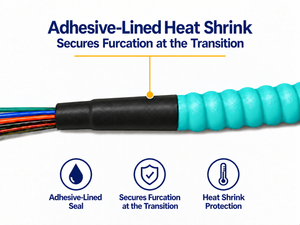 Aqua armored cable jacket and adhesive-lined heat shrink at the furcation transition
