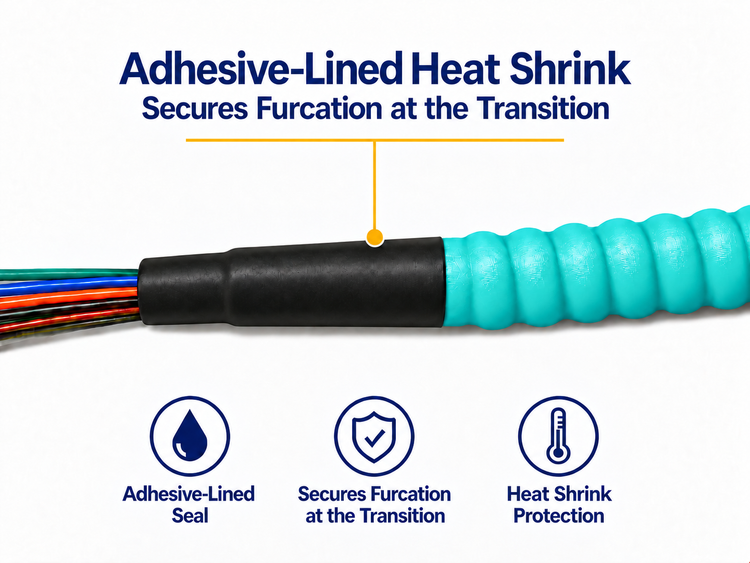 Aqua armored cable jacket and adhesive-lined heat shrink at the furcation transition