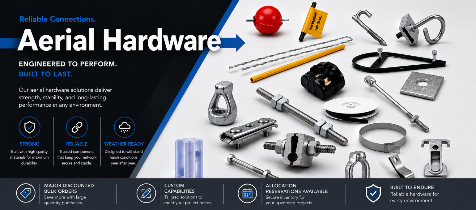 A promotional collage for Aerial Hardware showing multiple metal climbing and anchoring tools and accessories arranged on a white background with a dark blue graphic panel on the left. Visible text includes the brand name 'Aerial Hardware' and feature icons such as reliable connections, engineered to perform, and built to last.