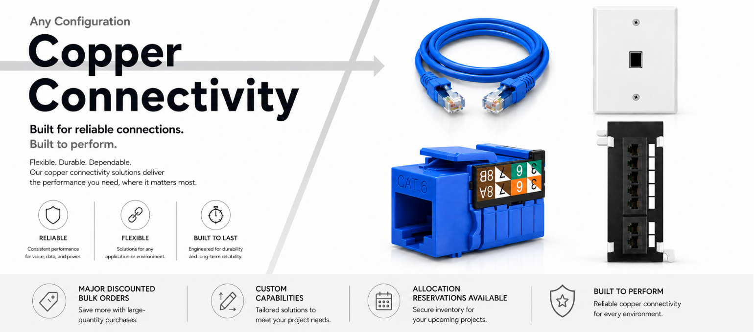Copper cable connectivity products keystone jacks wall plates patch cords patch panels cable management