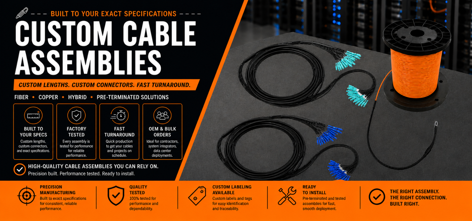 Promotional graphic for a custom cable assembly kit, showing coiled black cables and an orange spool on a dark tabletop with a blurred server rack background. Large text reads 'CUSTOM CABLE ASSEMBLIES' with feature callouts along the bottom.