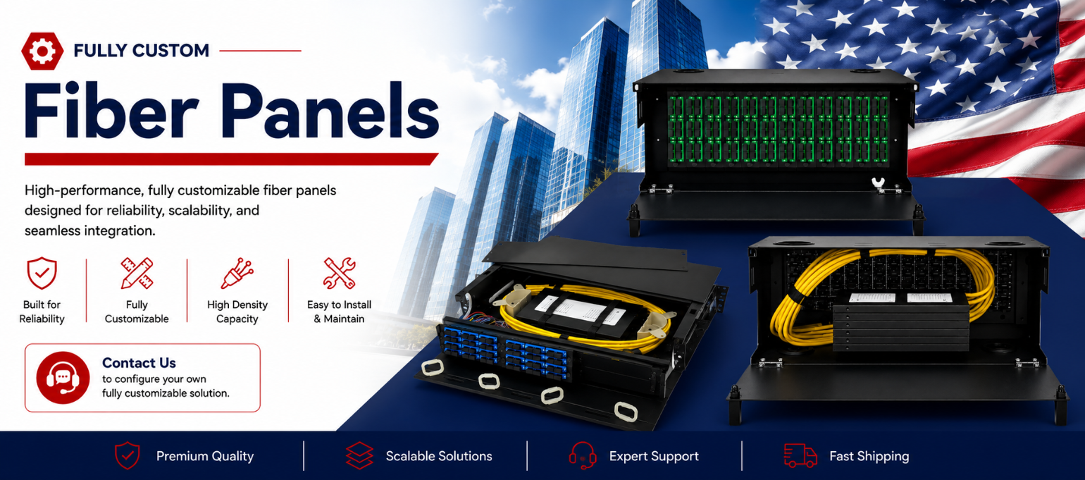 Customizable fiber panels shown in three black rack-style modules with blue, green, and yellow internal components, set against a promotional graphic with skyscrapers, an American flag, and text highlighting high performance and scalability.