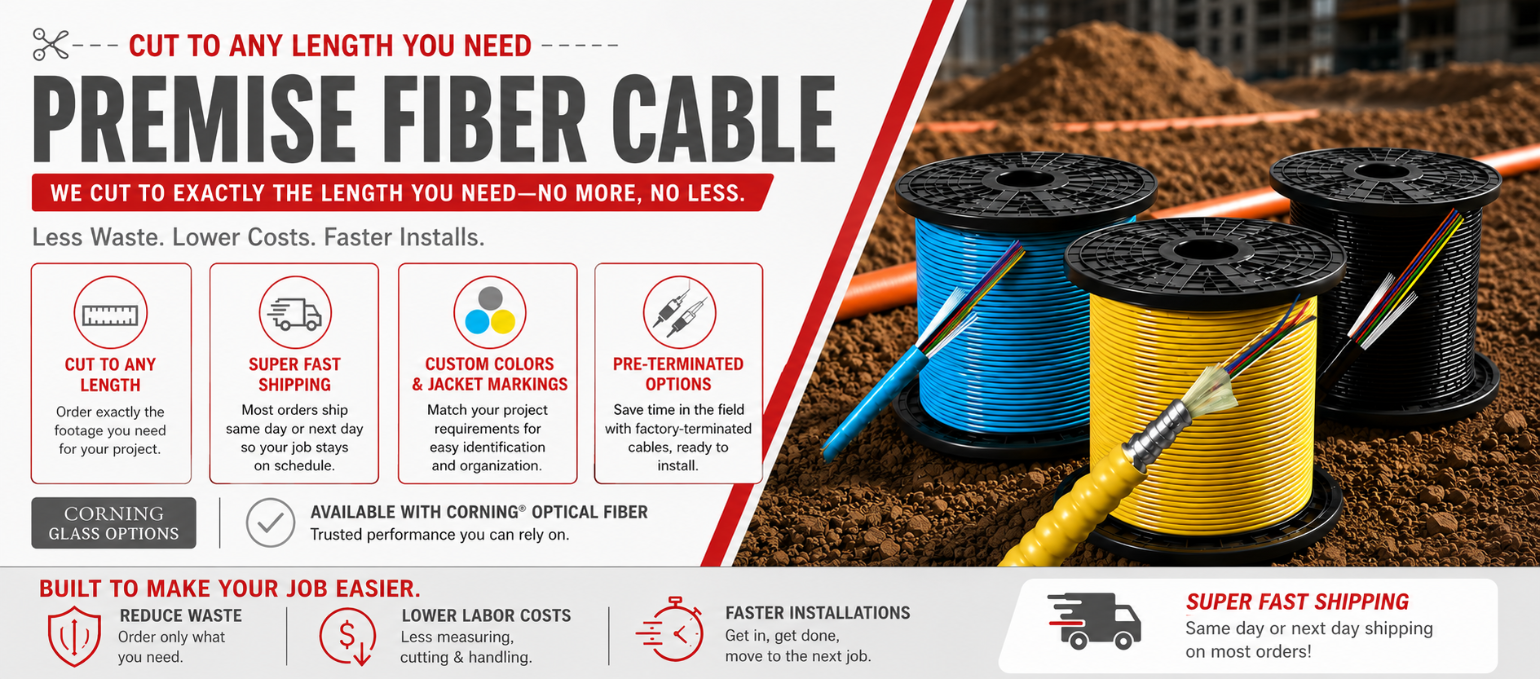 Premise Indoor, Indoor/Outdoor, AIA Armored, Non-Armored, Tight Buffered, Loose-Tube, Pre-Terminated Fiber Assemblies, Corning Glass, Riser, Plenum, Low Smoke Zero Halogen.