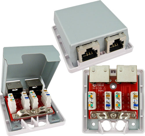 2-Port Surface Mount Box, Shielded, with CAT6A Jack “Biscuit”