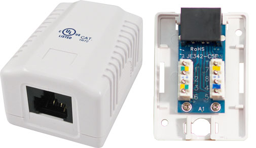 1-Port Surface Mount Box with CAT5E Jack, Universal “Biscuit”