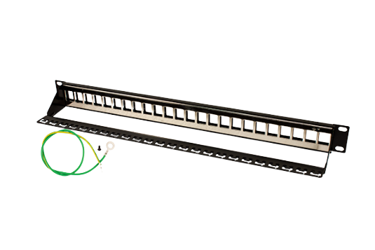 Blank Patch Panel, 24 Port, Shielded, w/Ground and Cable Manager, Black (043-378/S/24/1U)