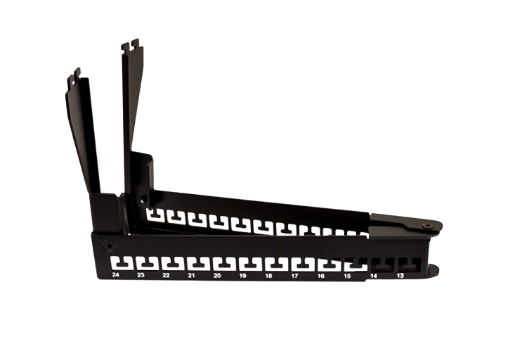 Blank Patch Panel, V-Type with Cable Manager, 24 Port, Angled with Support Bar Black (043-383/A/24)