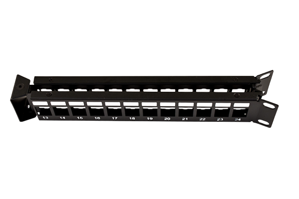 Blank Patch Panel, V-Type with Cable Manager, 24 Port, Angled with Support Bar Black (043-383/A/24)