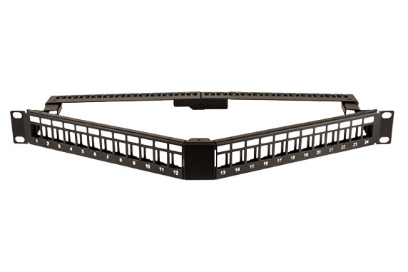 Blank Patch Panel, V-Type with Cable Manager, 24 Port, Angled with Support Bar Black (043-383/A/24)