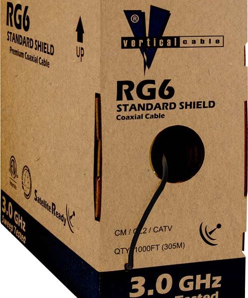 RG6 Standard Shield, CCS Conductor, Dual Shield: Aluminum Foil, 60% Aluminum Braid, 18AWG, 75OHM, 1000 ft Pull Box, Black